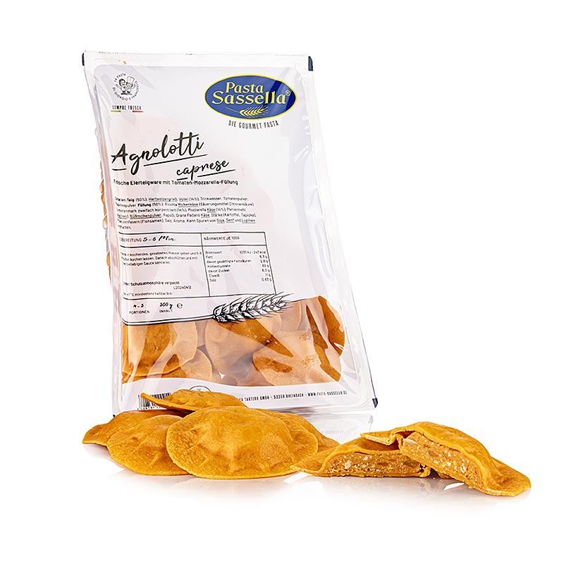 Frische Agnolotti mit Tomate-Mozzarella-Füllung, rund und rot, Sassella, 500 g