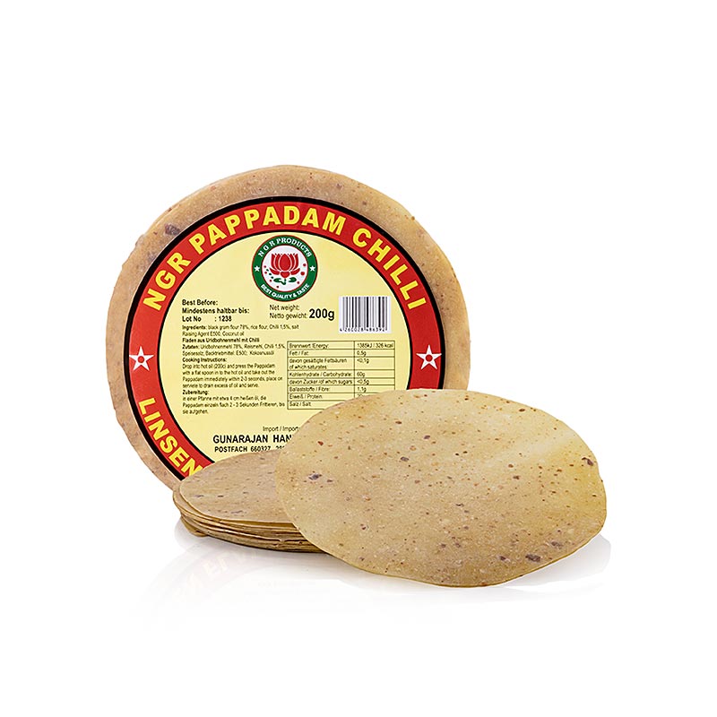 Pappadums, mit roten Chilis gewürzt, ca. ø 15 cm, 200 g, 12 St