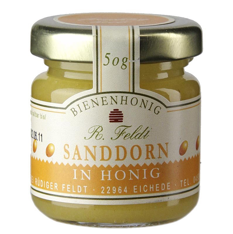 Imkerei Feldt - Sanddorn in Honig, harmonisch, mild-fruchtig, Portionsglas, 50 g