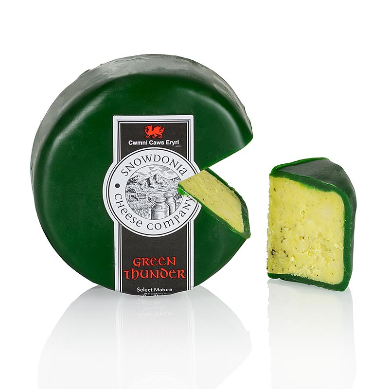 Snowdonia - Green Thunder, Cheddarkäse mit Knoblauch & Kräutern, grüner Wachs, 200 g