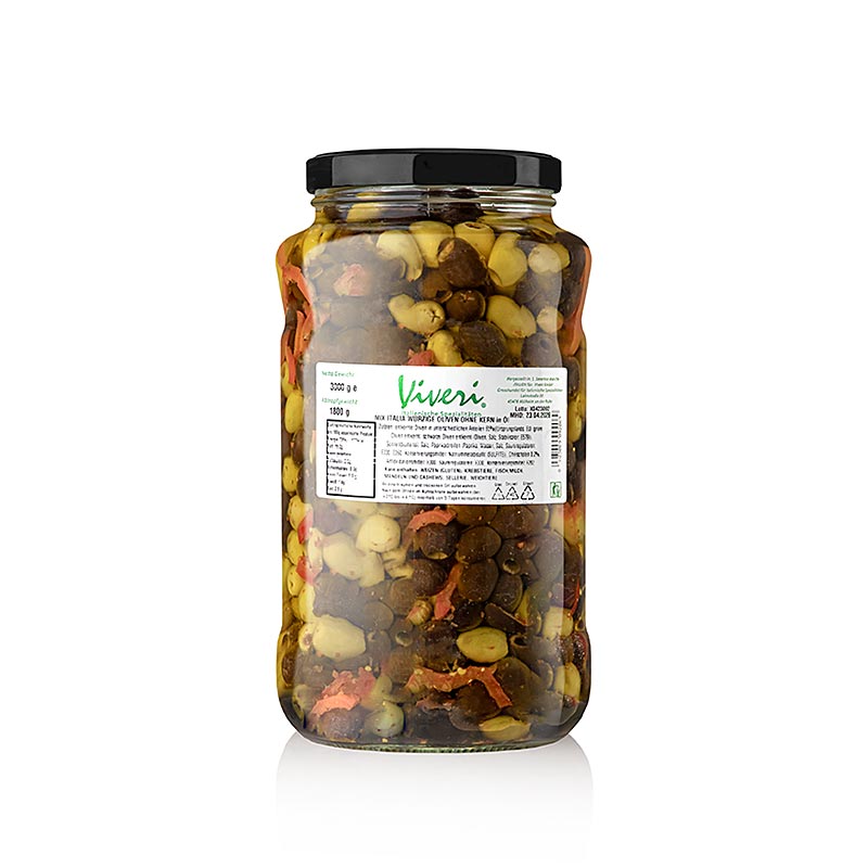Oliven Mischung, grüne & schwarze Oliven, ohne Kern, pikant eingelegt, Viveri, 3 kg