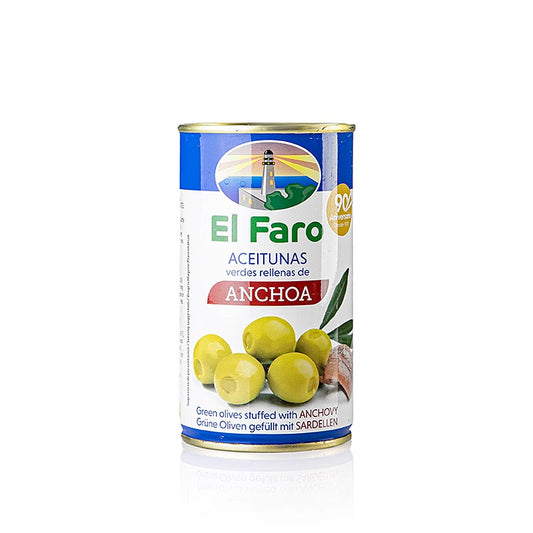 Grüne Oliven, ohne Kern, mit Anchovis (Sardellen Füllung), El Faro, 350 g