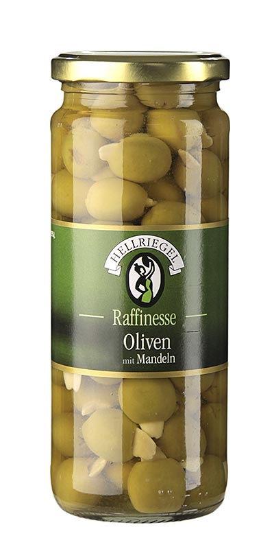 Hellriegel - Grüne Oliven, ohne Kern, mit Mandeln, in Lake, 440 g