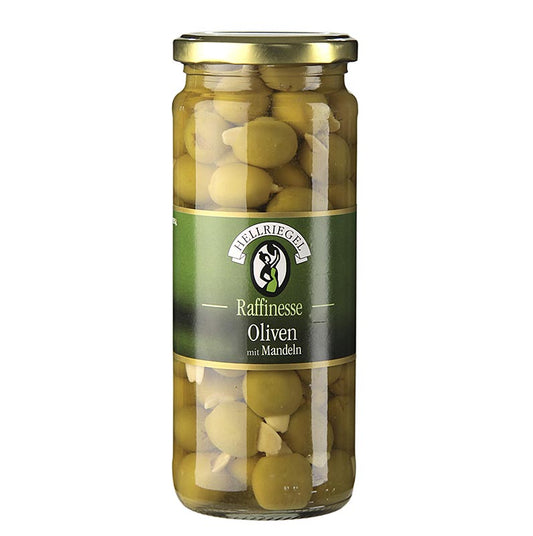 Hellriegel - Grüne Oliven, ohne Kern, mit Mandeln, in Lake, 440 g