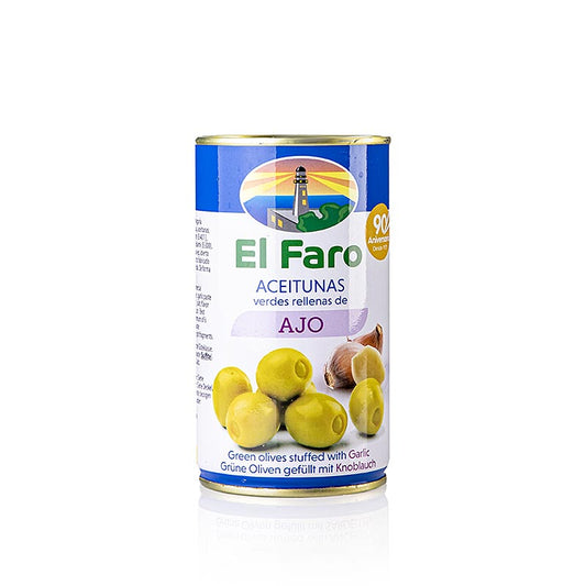 Grüne Oliven, ohne Kern, mit Knoblauchpaste, in Lake, El Faro, 350 g