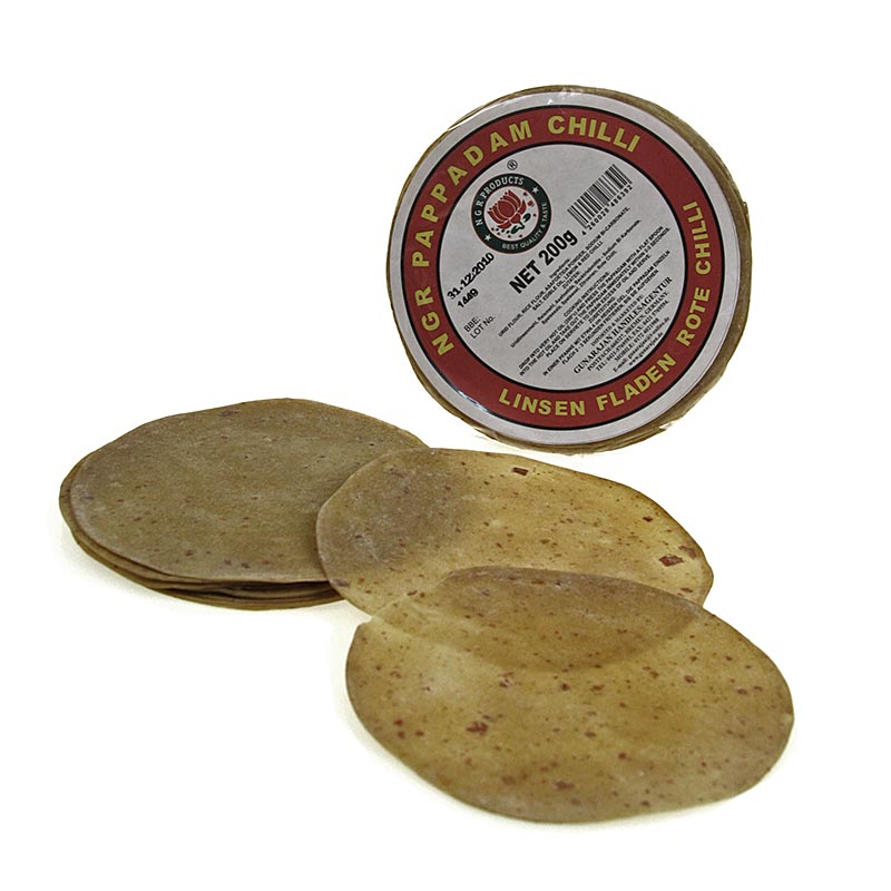 Pappadums, mit roten Chilis gewürzt, ca. ø 15cm, 200 g, 12 St