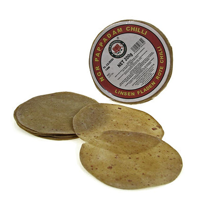 Pappadums, mit roten Chilis gewürzt, ca. ø 15cm, 200 g, 12 St