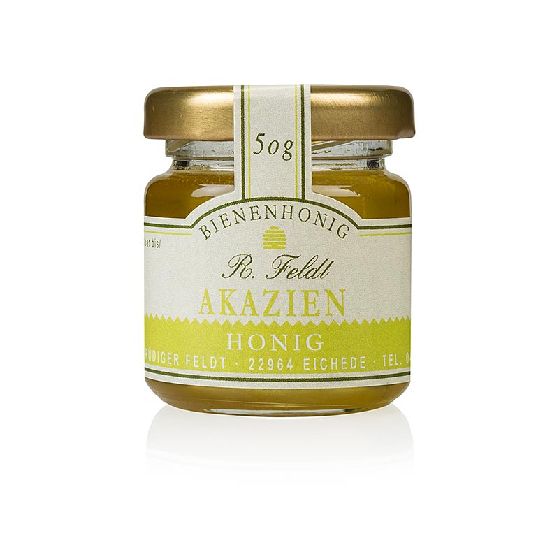 Imkerei Feldt - Akazien-Honig, hell goldfarben, flüssig, zart-lieblich, Portionsglas, 50 g