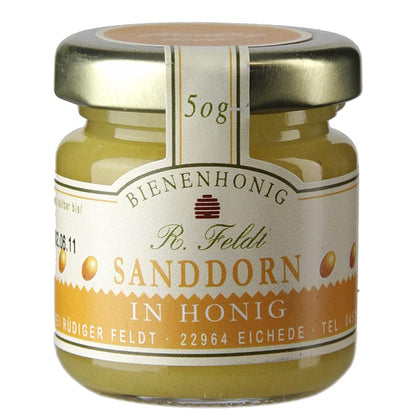 Imkerei Feldt - Sanddorn in Honig, harmonisch, mild-fruchtig, Portionsglas, 50 g