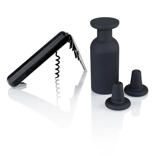 Norm Weinset mit Kellnermesser, Vakuumpumpe & 2 Korken, 14 cm, ø 5 cm, Carbonoptik, 4 tlg.