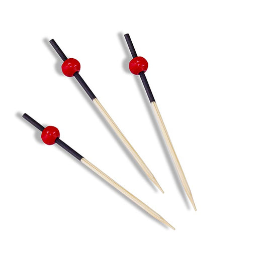 Bambusspiesse, mit schwarz gefärbtem Ende und roter Kugel, 7 cm, 100 St