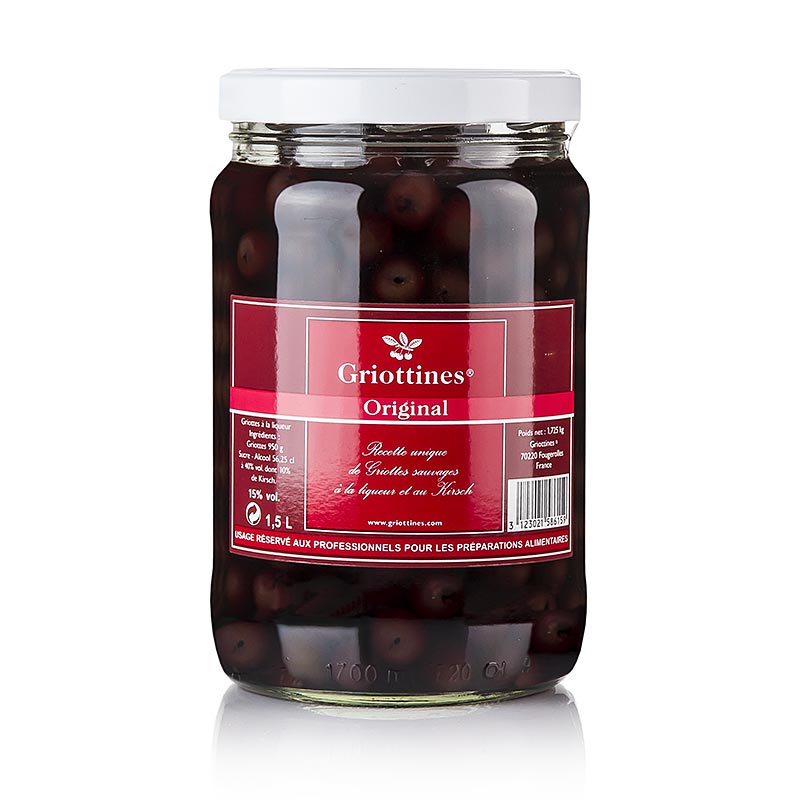 Griottines Original - Wildsauerkirschen, in Kirschwasser, o. Kern, süß, 15% vol., 1,5 l