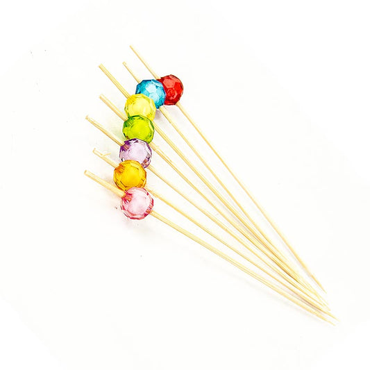 Bambus-Spiesse, "Pearl", 12 cm, mit bunten, klaren, runden Perlen, 40 St