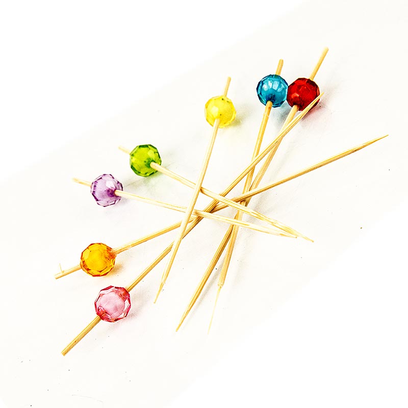 Bambus-Spieße, "Pearl", 12cm, mit bunten, klaren, runden Perlen, 40 St