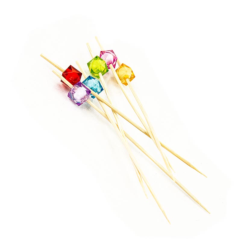 Bambus-Spieße,"Square", 12cm, mit bunten, klaren, quad. Perlen, 40 St