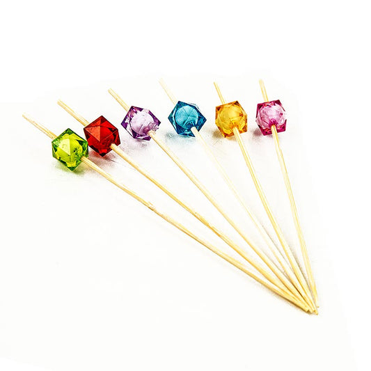 Bambus-Spieße,"Square", 12cm, mit bunten, klaren, quad. Perlen, 40 St