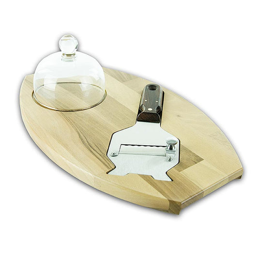 Trüffel-Hobel Geschenkset, Cloche, Glasdeckel auf Holzbrett, inkl. Trüffelhobel, 3 tlg.
