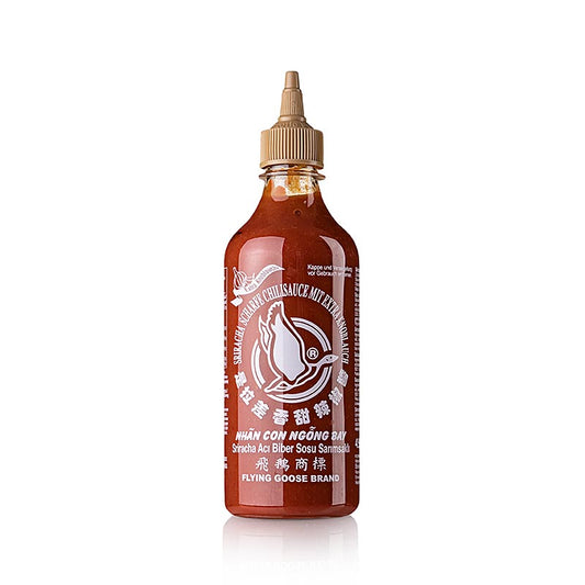 Chili-Sauce - Sriracha, scharf, mit Knoblauch, Squeeze Flasche, Flying Goose, 455 ml