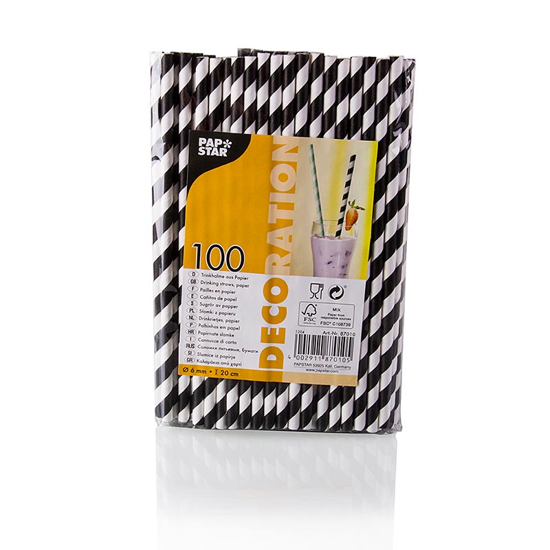 Einweg Papier Trinkhalme "Streifen", schwarz-weiss, 20 cm, 100 St