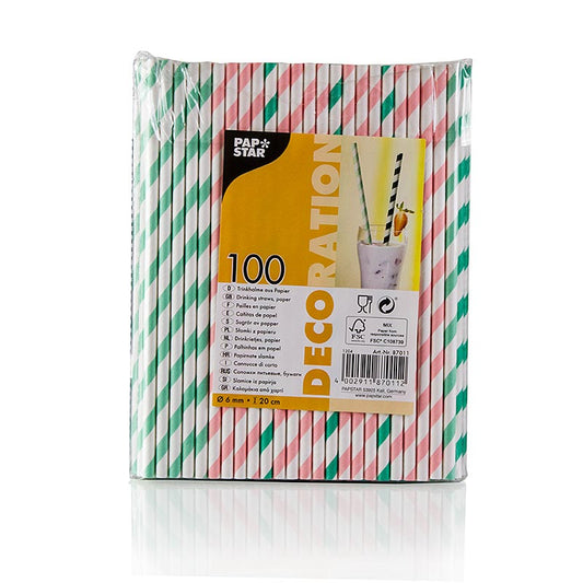 Einweg Papier Trinkhalme "Streifen", 4 Farben, 20cm, 100 St