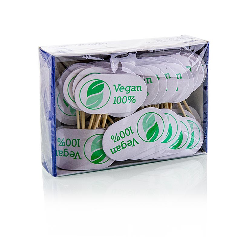 Holz-Spiesse, mit Schild, mit Aufschrift "Vegan", 8 cm, 100 St