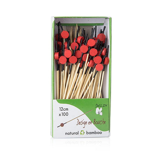 Bambus-Spieße, mit schwarz gefärbtem Ende, rote Scheibe, 12cm, 100 St