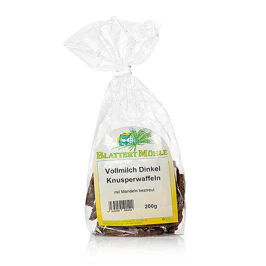 Vollmilch-Dinkelwaffel mit Mandelsplittern in Schokolade, Blattert Mühle, 200 g