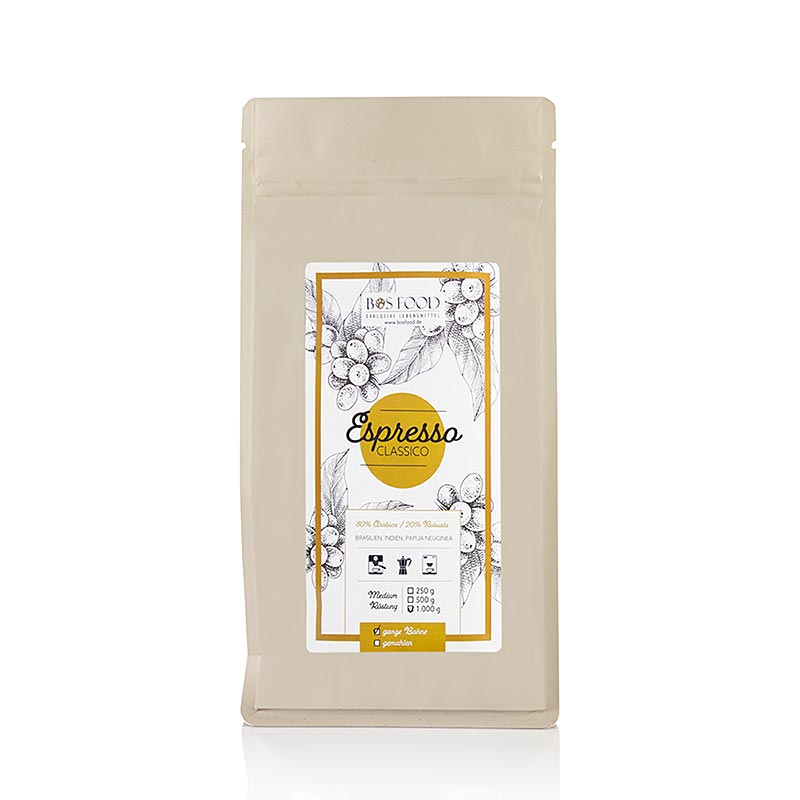 BOS FOOD - Espresso Classico, Kaffee Blend mit 20% Robusta, ganze Bohnen, 1 kg