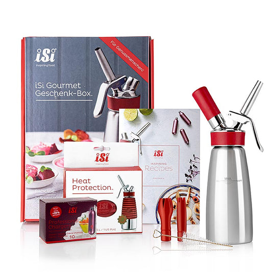 Espuma iSi Gourmet Geschenk-Box (GourmetWhip 0,5 L, Hitzeschutz & 10 Kartuschen), 4 tlg.