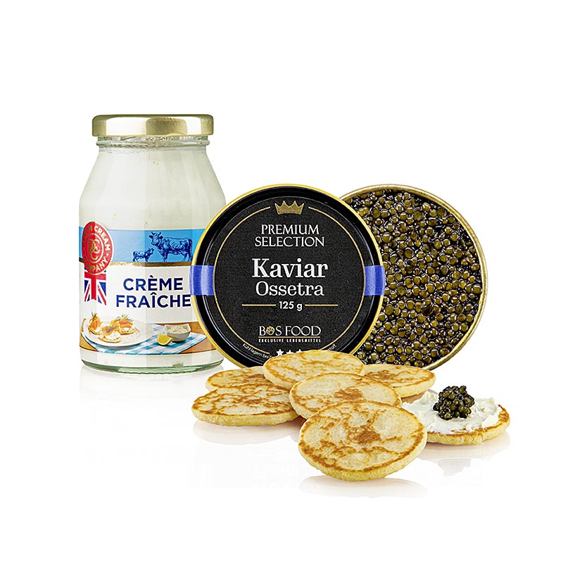 Bos Kaviar-Knüller-Set (125 g Ossetra-Kaviar, 16 Blinis, 170 g Creme Fraiche), 652 g, 3 tlg.