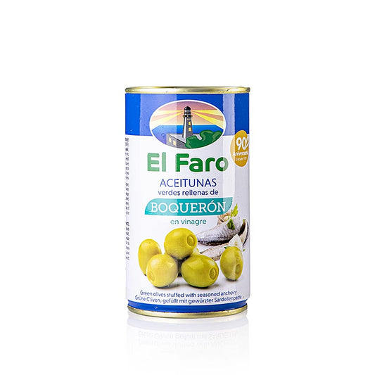 Grüne Oliven, mit Anchovis Boqueron (Sardelle Essig), El Faro, 350 g