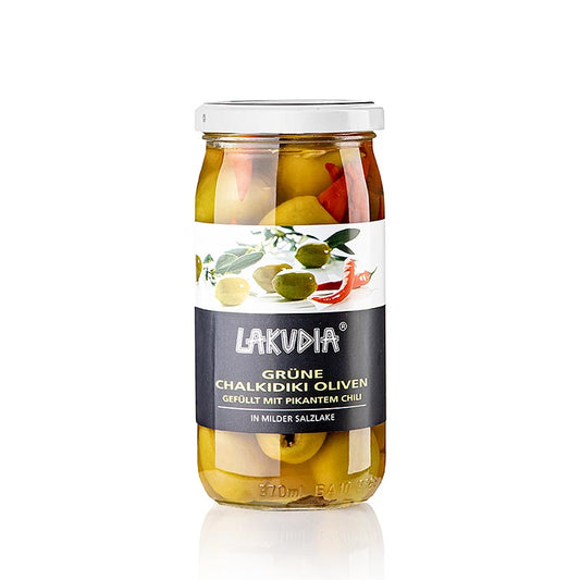 Grüne Oliven "Chalkidiki ", ohne Kern, mit Chili, Lakudia, 355 g