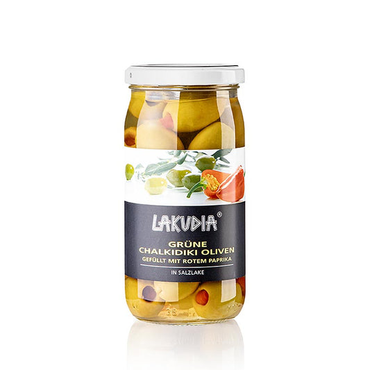 Grüne Oliven "Chalkidiki ", ohne Kern, mit Paprika, Lakudia, 355 g