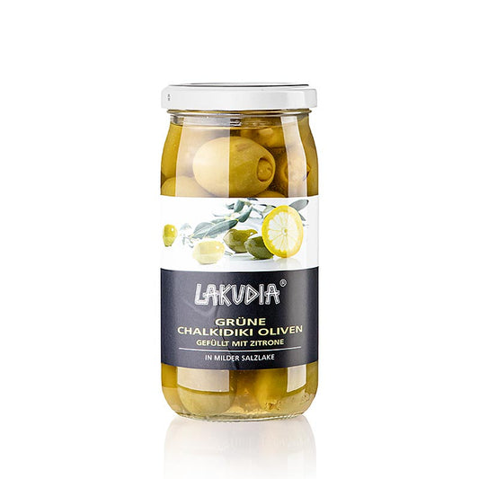 Grüne Oliven "Chalkidiki ", ohne Kern, mit Zitrone, Lakudia, 355 g