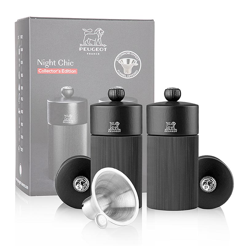 Peugeot - Salz & Pfeffermühle, NIGHT CHIC LINE, mattschwarz, 12cm, inkl. Edelstahltrichter, 1 St