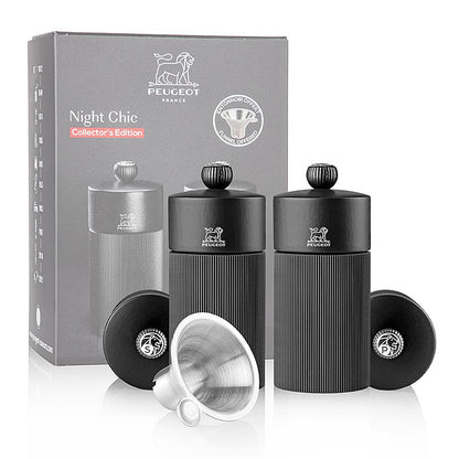 Peugeot - Salz & Pfeffermühle, NIGHT CHIC LINE, mattschwarz, 12cm, inkl. Edelstahltrichter, 1 St