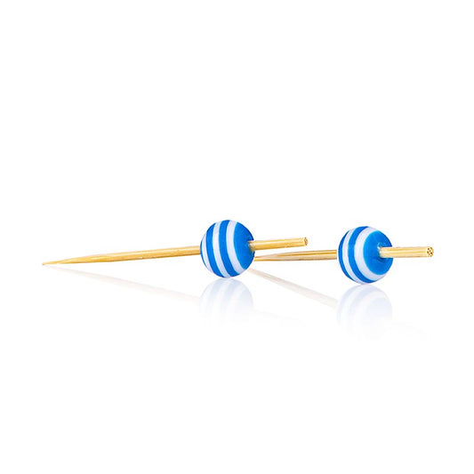 Holz Spieße, mit "Kristallkugel" blau/weiß gestreift, 9cm, 100 St