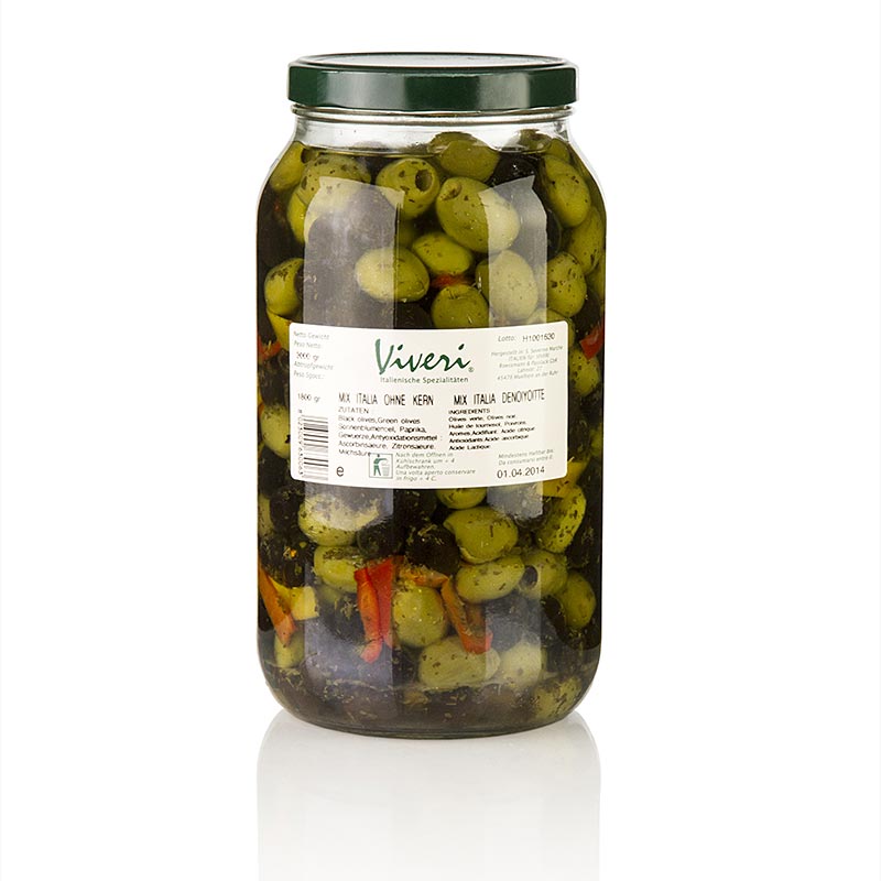 Oliven Mischung, grüne & schwarze Oliven, ohne Kern, pikant eingelegt, Viveri, 3 kg