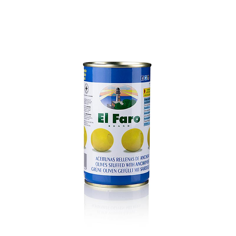 Grüne Oliven, ohne Kern, mit Anchovis (Sardellen Füllung), El Faro, 350 g