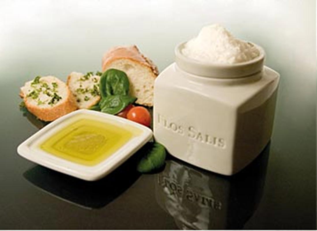 Tisch-Salz-Gefäß "Flos Salis®", groß, Flor de Sal-Auslese &Olivenöldippschälchen, 225 g, 2 tlg.