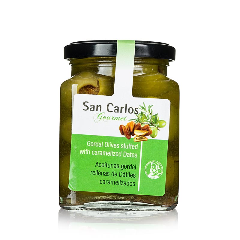 Grüne Oliven, ohne Kern, Gordal, mit karamellisierten Datteln, San Carlos, 300 g