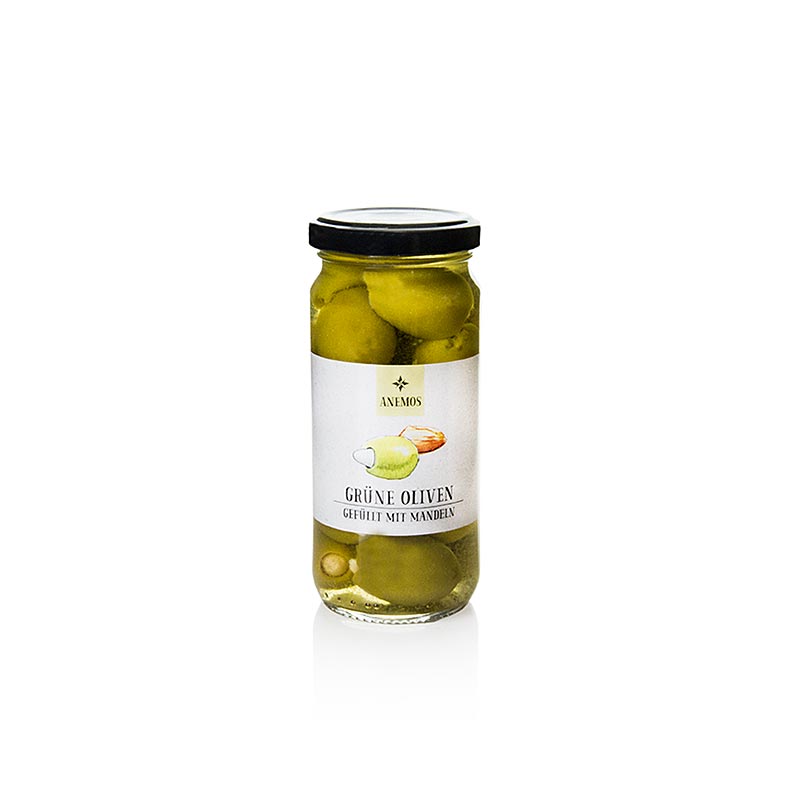 Grüne Oliven, ohne Kerne, mit Mandeln, ANEMOS, 227 g
