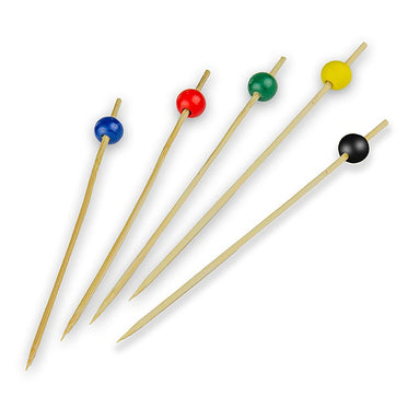 Bambus-Spieße, mit Kugel, 5 Farben (rot, braun, gelb, blau, schwarz), 15cm 100 St