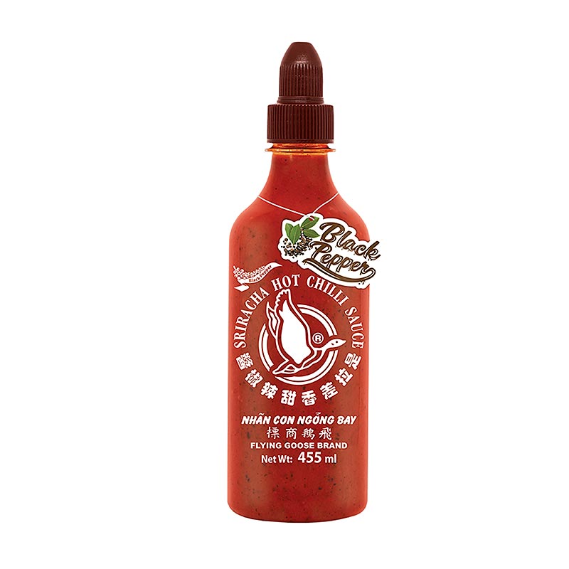 Chili-Sauce - Sriracha, scharf, mit schwarzem Pfeffer, scharf, Flying Goose 455 ml